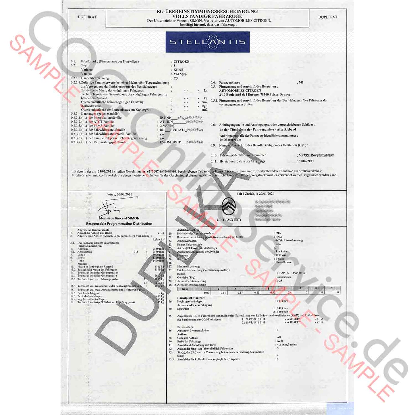 COC-papieren voor Citroën (Certificaat van Overeenstemming)