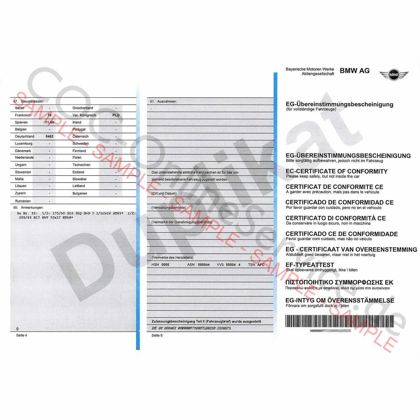 Documenti COC per MINI (Certificate of Conformity)