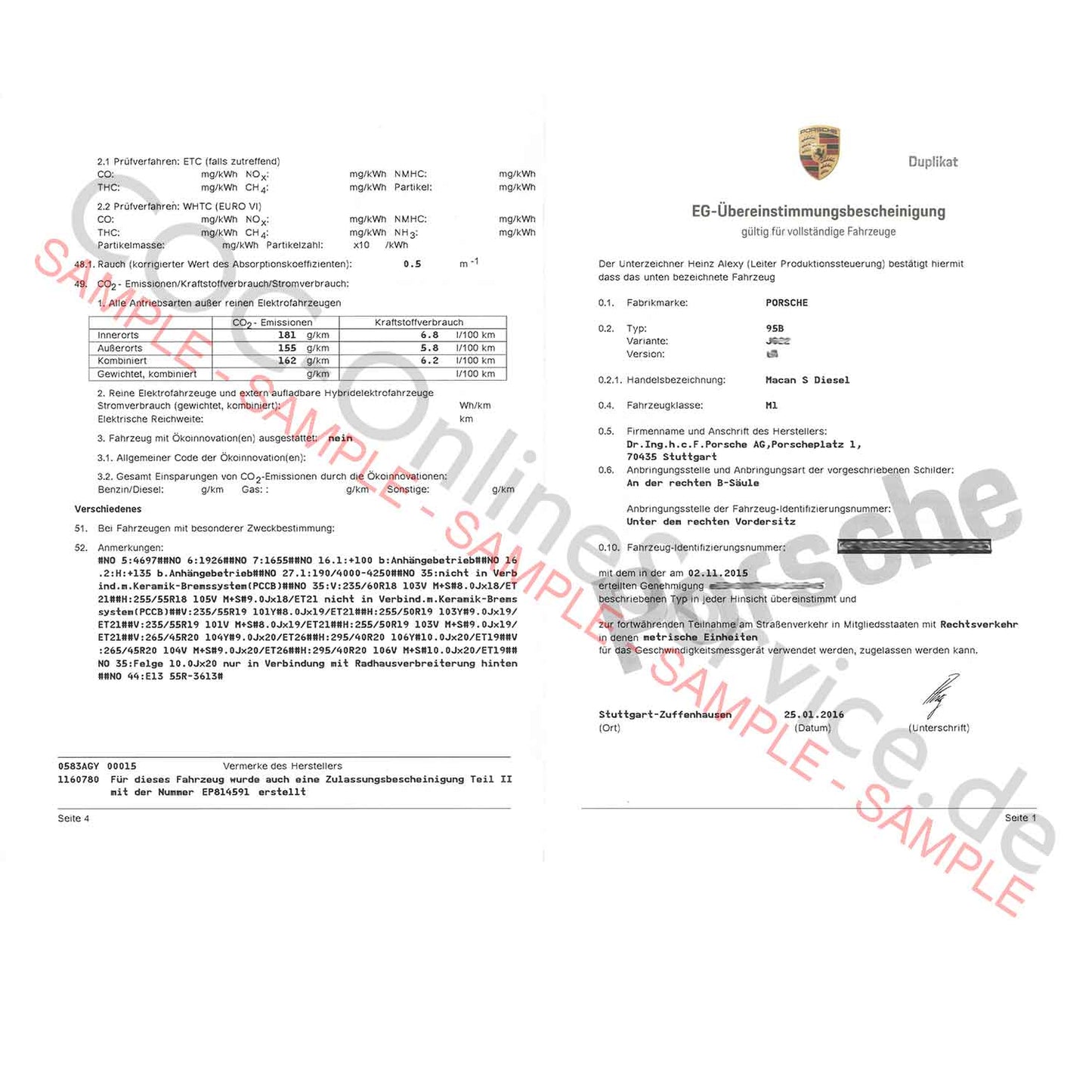 Documentos COC para Porsche (Certificado de Conformidad)