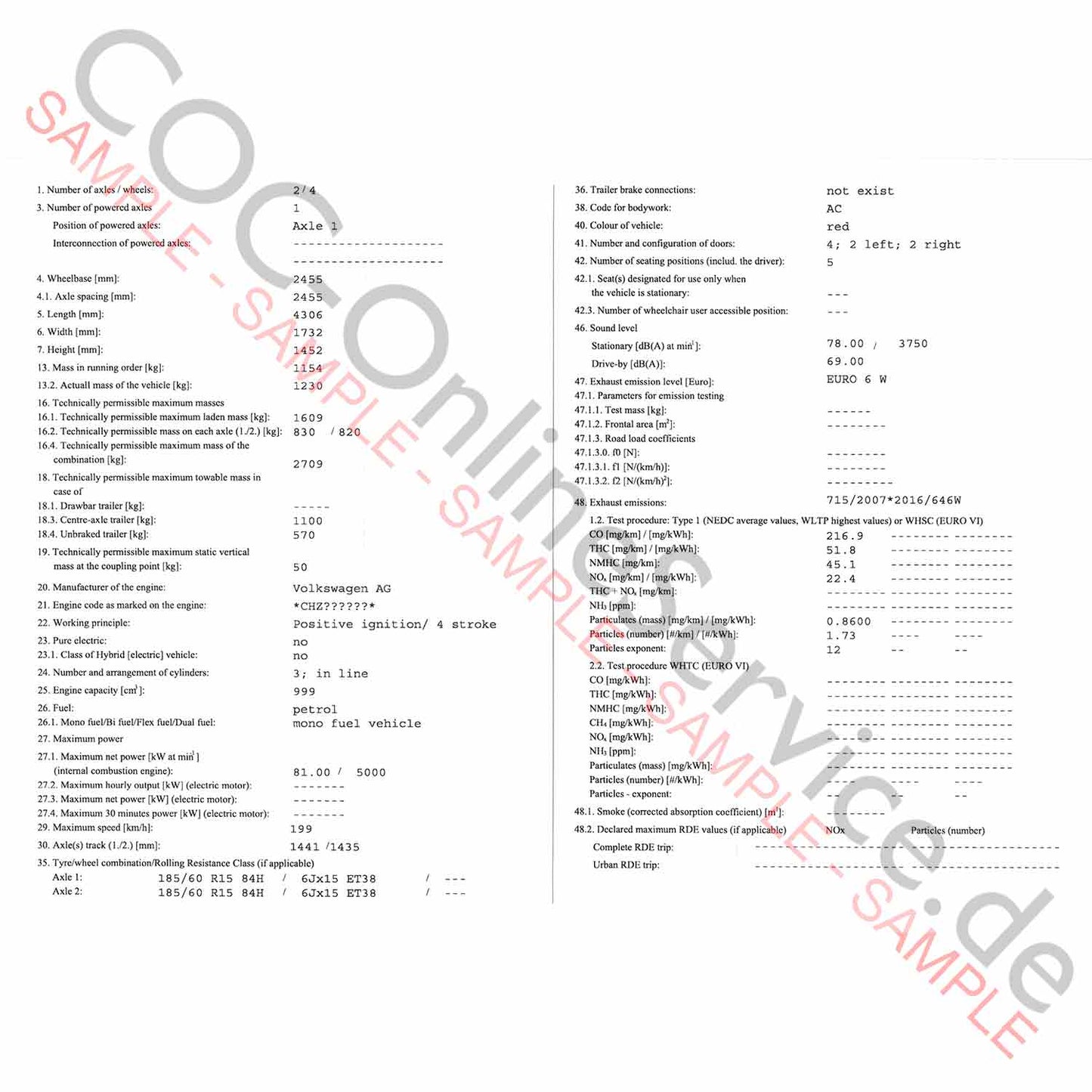 Documento COC per Skoda (Certificato di conformità)