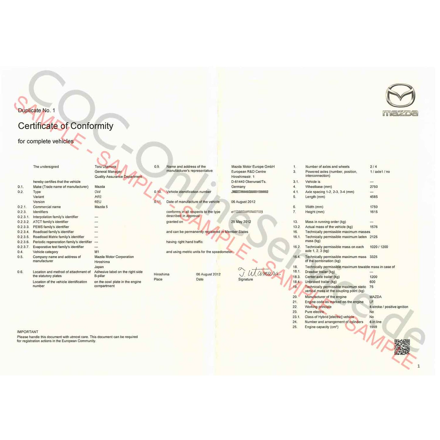 COC Papiere für Mazda (Certificate of Conformity)