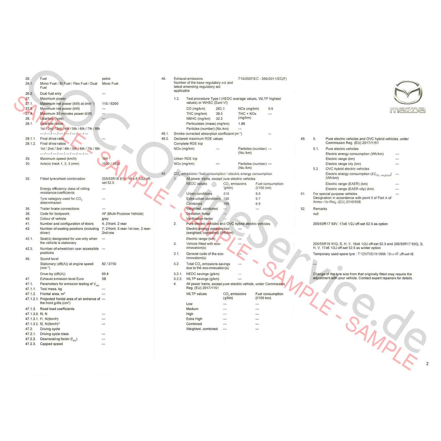 COC Papiere für Mazda (Certificate of Conformity)