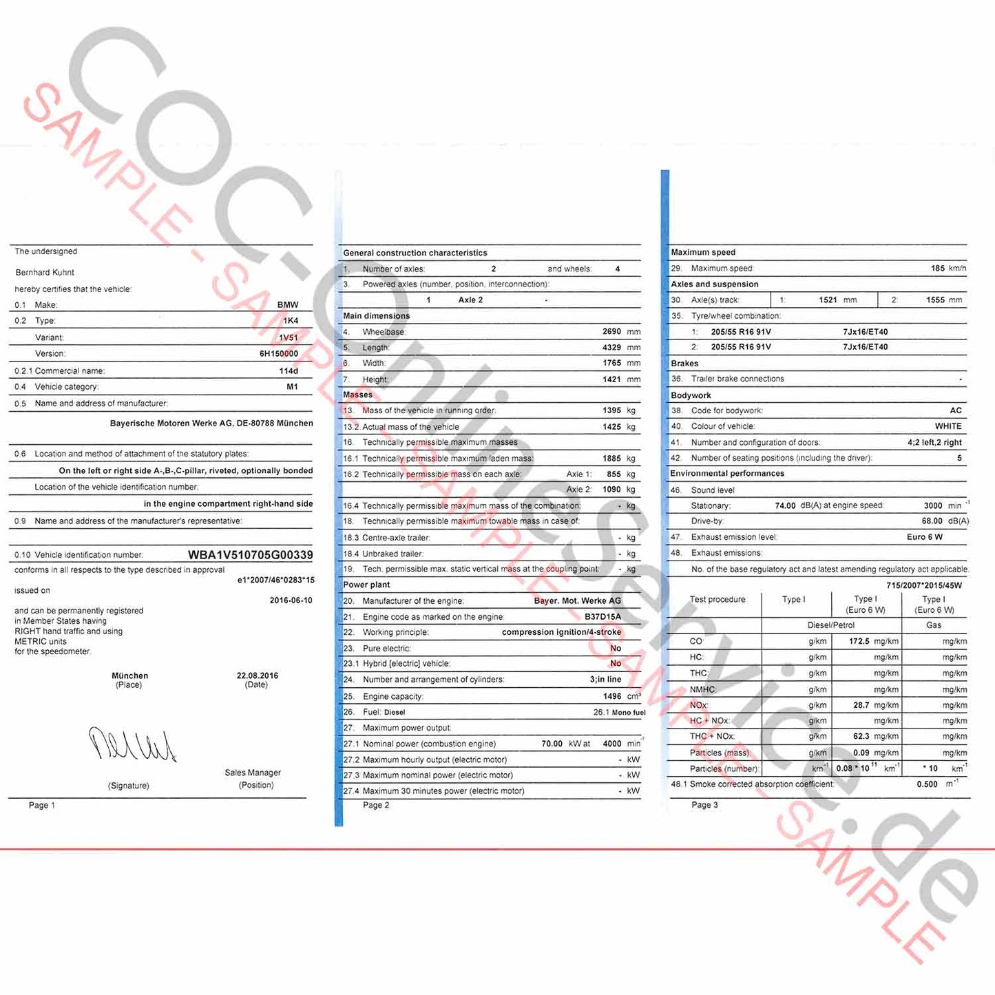 Document COC pour BMW (certificat de conformité)