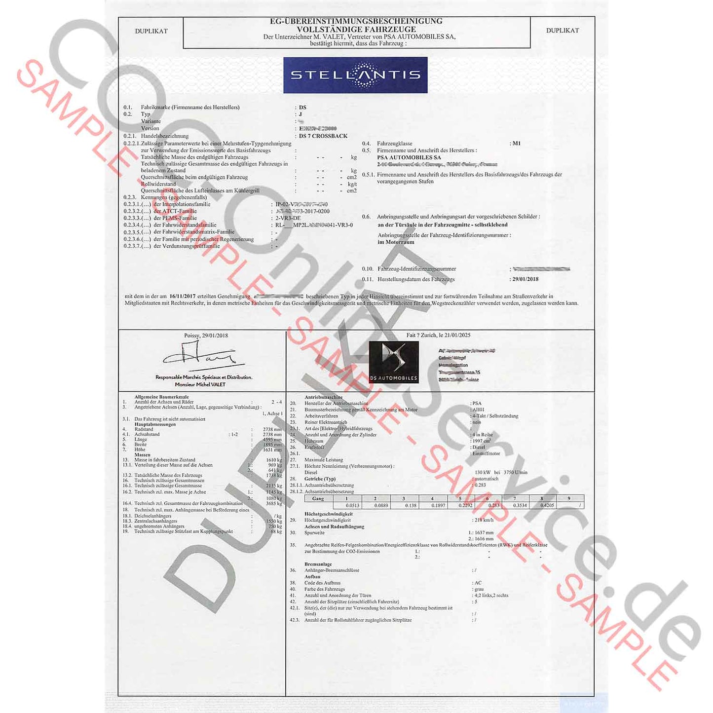 COC papers for DS Automobiles (Certificate of Conformity)