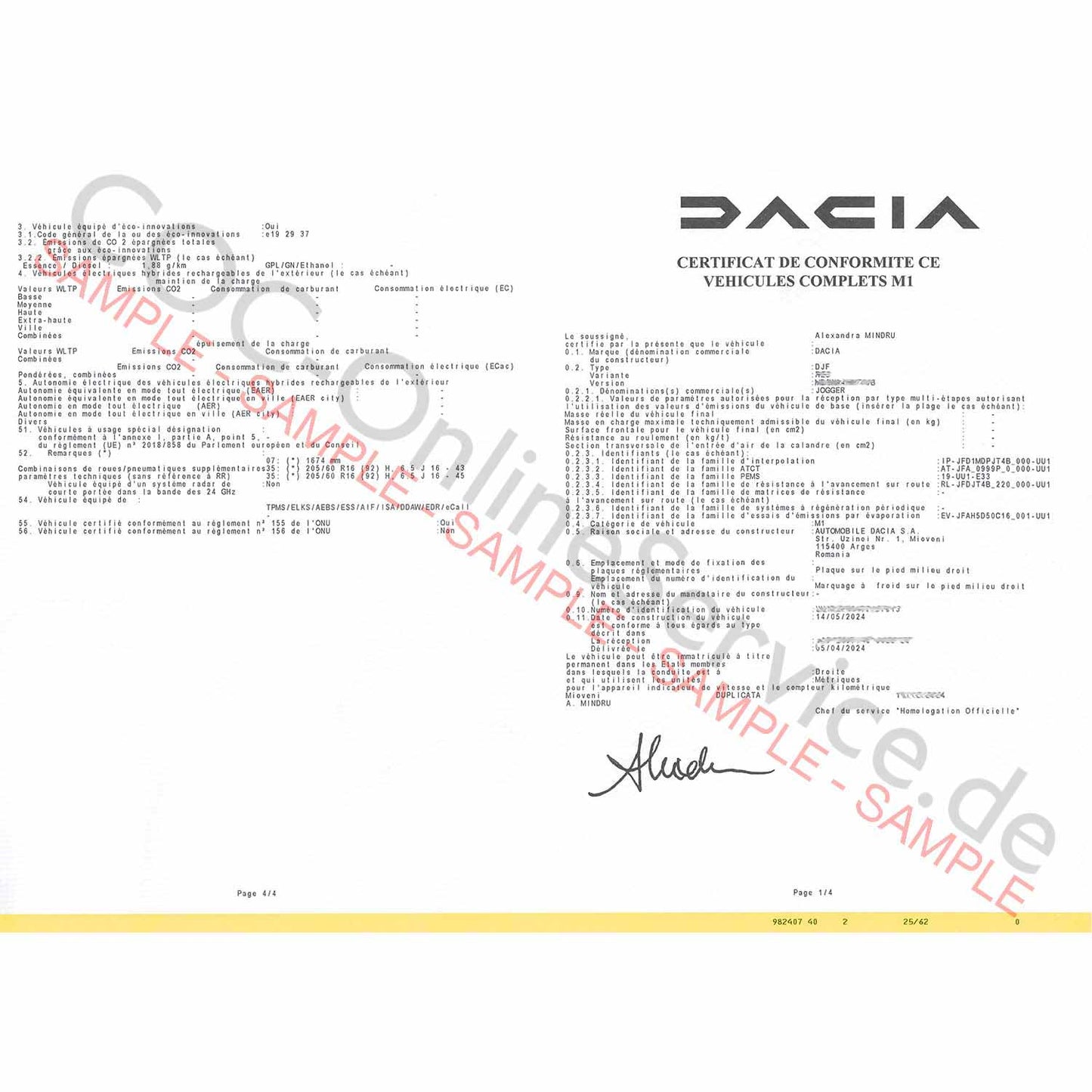 COC Papiere für Dacia (Certificate of Conformity)