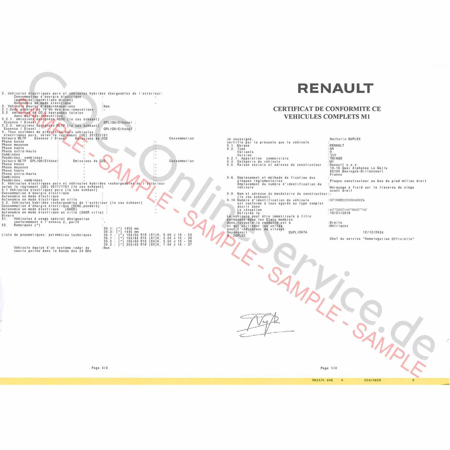 COC Papiere für Renault (Certificate of Conformity)