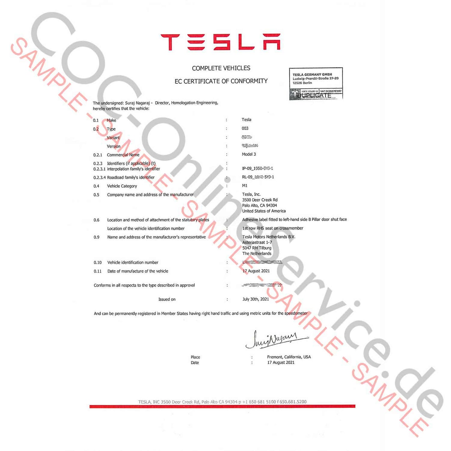 Ordina facilmente i documenti COC per Tesla (Certificate of Conformity). PDF gratuito via e-mail, pagamento sicuro e garanzia di rimborso. Prezzo 249,00 €. Ideale per la registrazione del veicolo e il controllo tecnico.